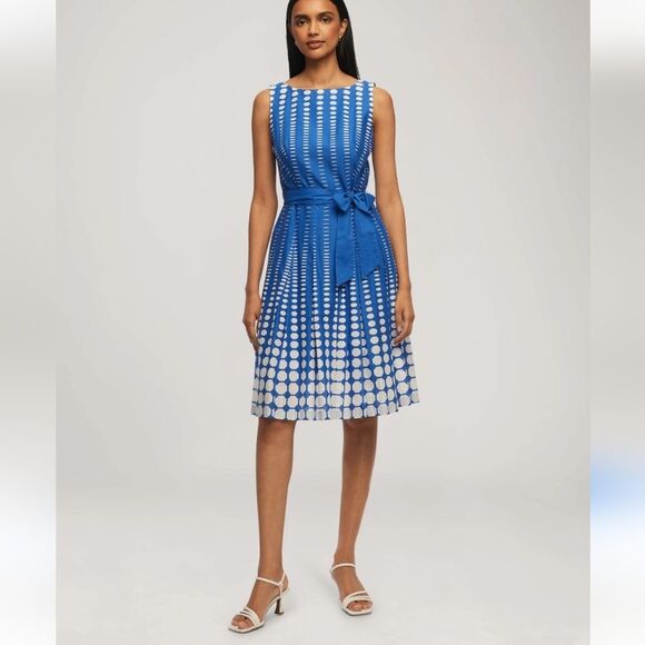 Anne Klein Cotton Tie Waist Fit & Flare Printed Sleeveless Dress Blue White 10P - Picture 2 of 14